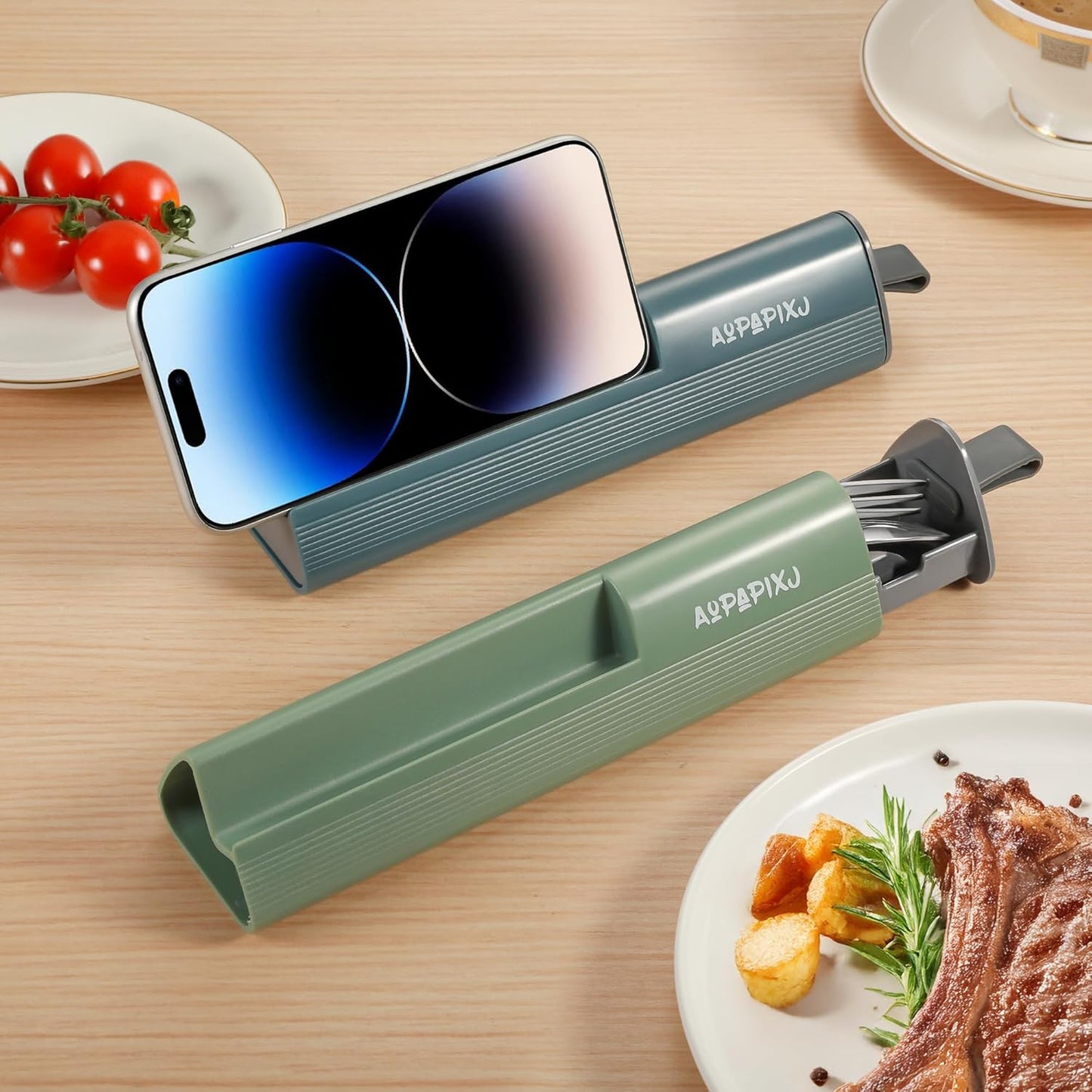 Skiennix Reusable Stainless Steel Utensils Set - Portable Travel Flatware Kit with Case & Phone Stand