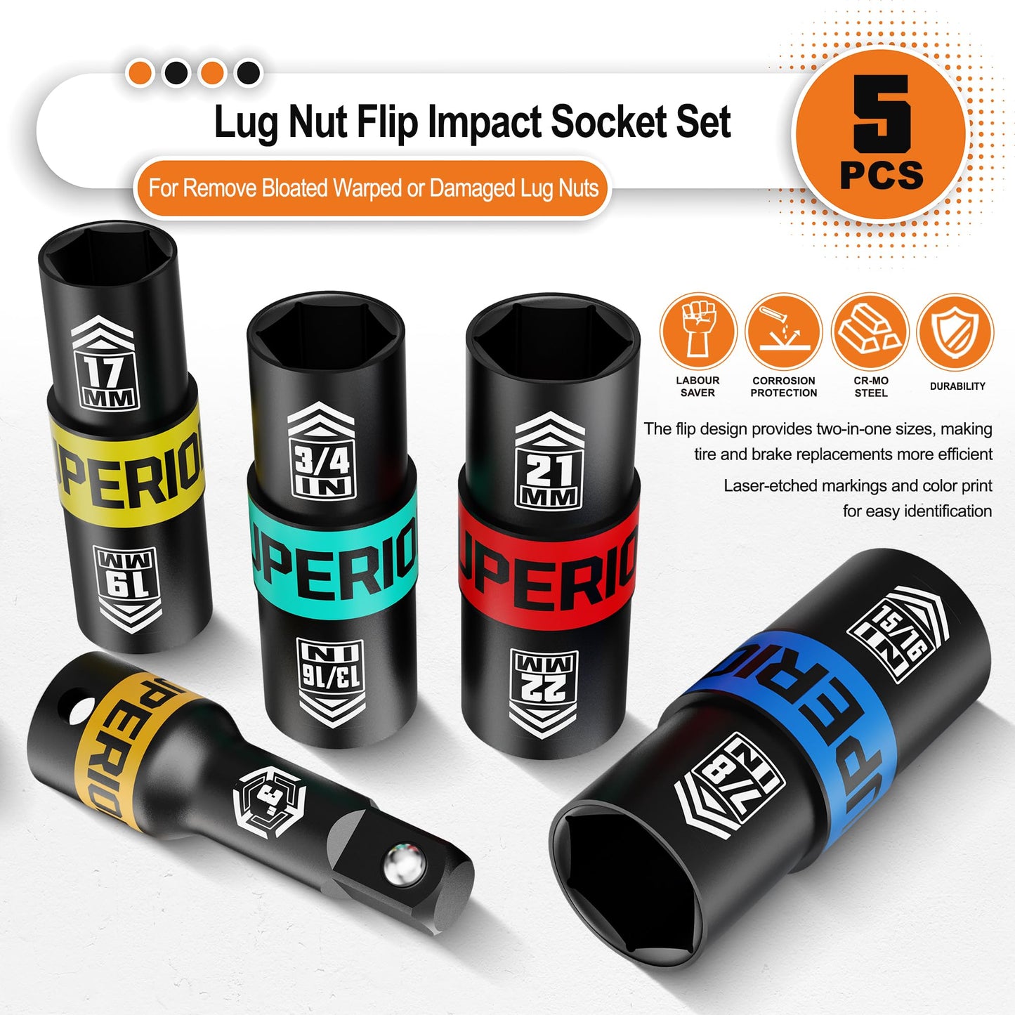 Aiourx 1/2" Drive Lug Nut Impact Socket Set, 5 Pcs Impact Sockets, Flip Socket Set, Thin Wall Nut Sockets with 3" Extension Bar, Remove Bloated Warped, Damaged Lug Nuts