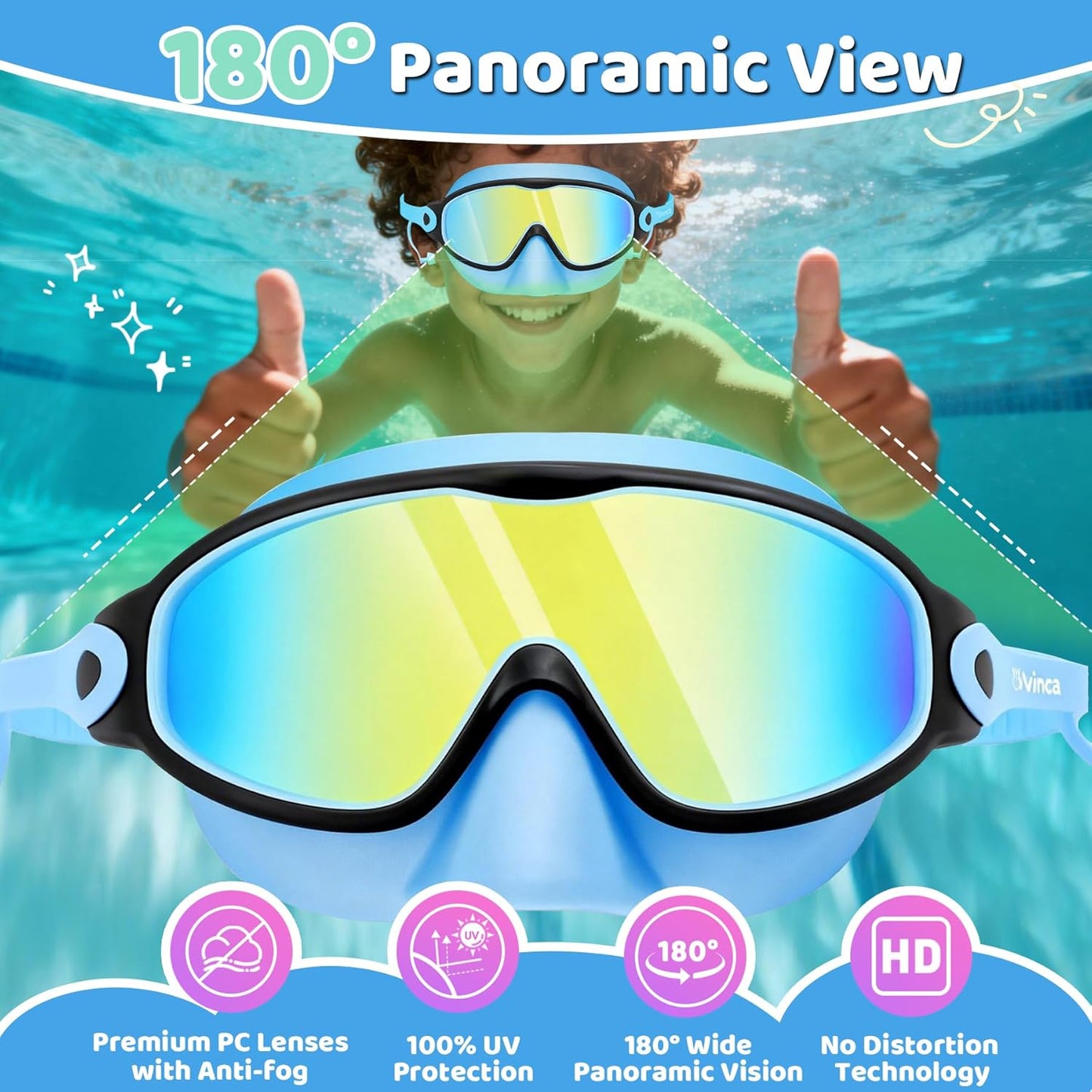 Vvinca Kids Swim Goggles - Anti-Fog Wide View with Nose Cover & Earplugs | Ages 3-12