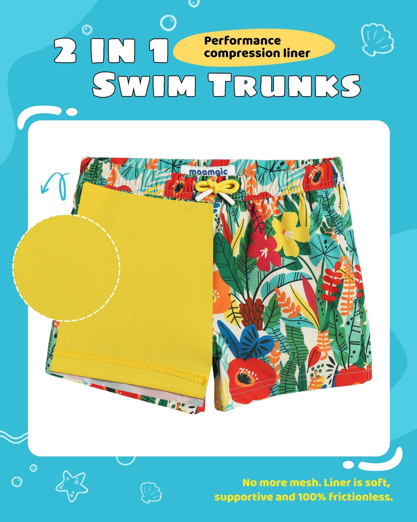maamgic Boys Swim Trunks with Compression Liner Toddler Stretch Swim Shorts Quick Dry Swimming Trunks Boxer Brief 2 in 1 Beach Shorts Flower Garden 10/12