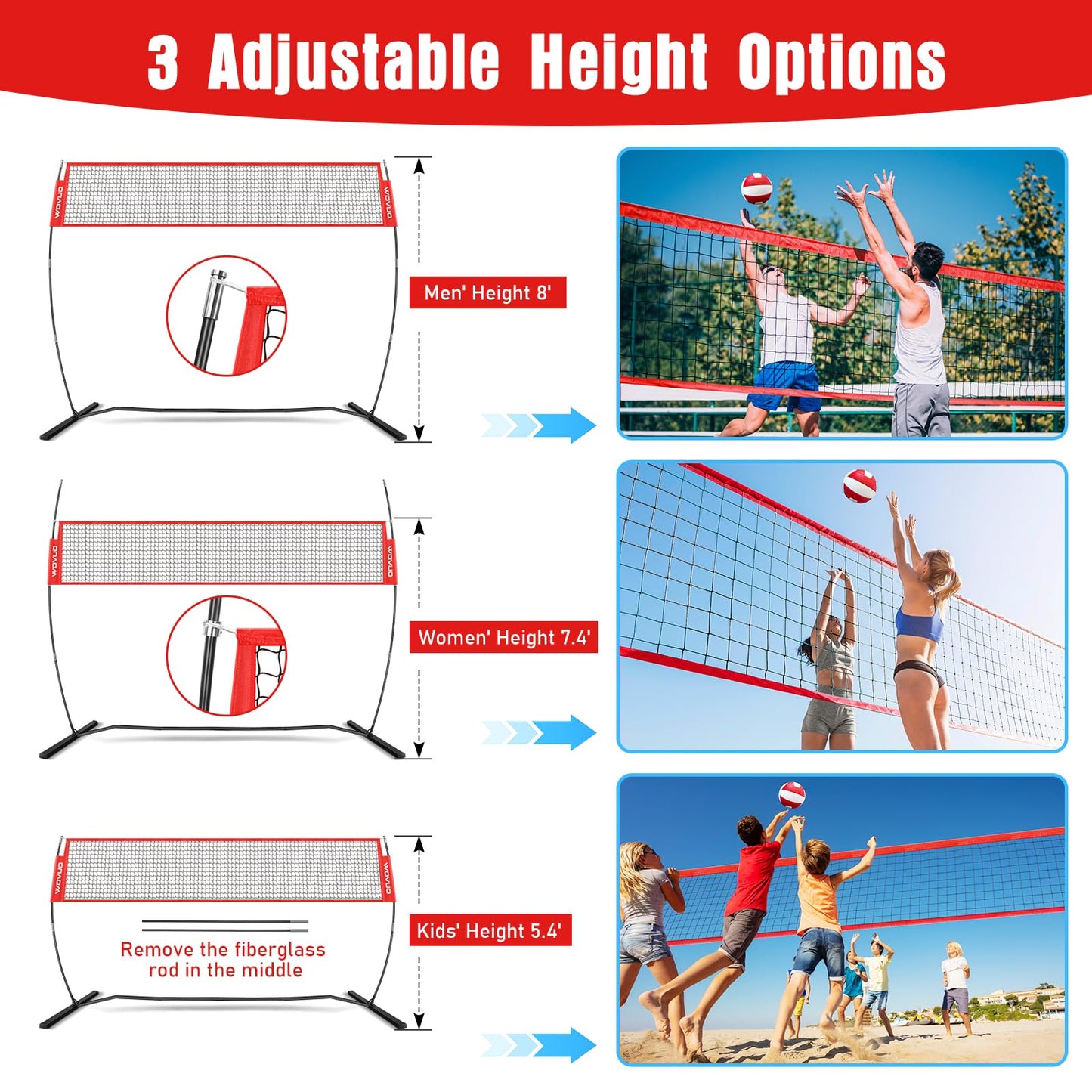 12Ft Beach Volleyball Net for Backyard, Portable Net Set, Freestanding Volleyball Training Equipment with Pump, Bag, Sports Game for Outdoor Indoor, Height Adjustable