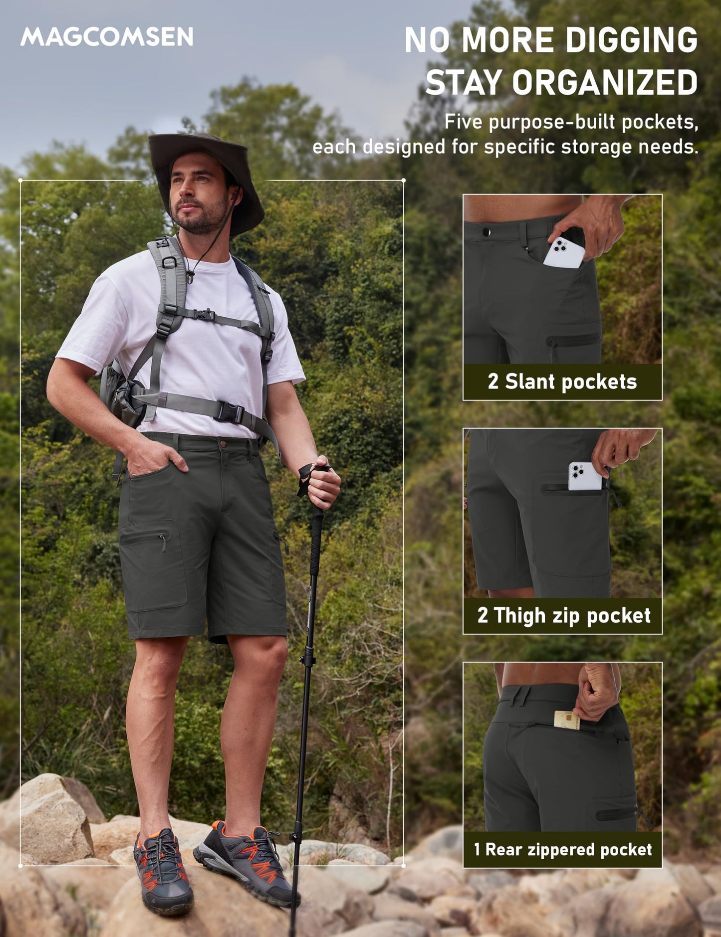 MAGCOMSEN Men's Hiking Shorts 10" Lightweight Outdoor Work Shorts for Men Travel Casual Cargo with 5 Pockets, Darkgrey, 34