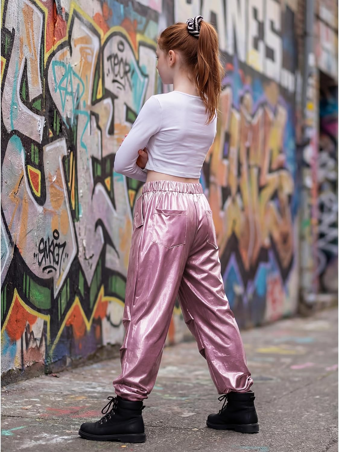 Stelle Girls Metallic Cargo Pants - Shiny Hip Hop Dance Joggers | Sparkly Stretchy Wide Leg for Ages 4-15