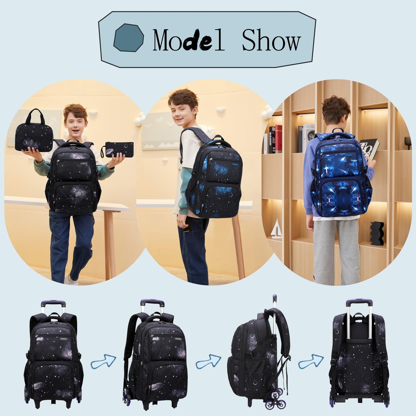 3Pcs Space Print Rolling Backpack Boys Bookbag on Wheels with Lunch Bag, Wheel Trolley Bag for School