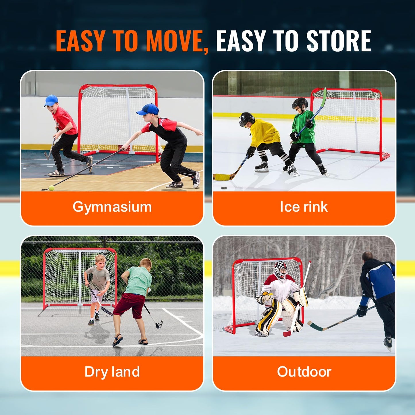 VEVOR Youth Street Hockey Net, Indoor Outdoor Steel Hockey Goal, Portable Lightweight Youth Street + Roller for Kids, Junior Training Goal Set with Net, Easy Assemble, 54" x 44", White/Red