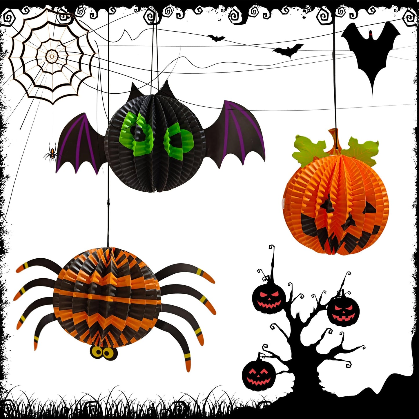 AIMI Halloween Party Decorations 6 Pack, Large 12-20Inch Hanging Paper Lanterns 3D Folding Pumpkins Spiders Ghosts Bats Halloween Party Supplies for Boys Girls Kids Home School Decor Indoor