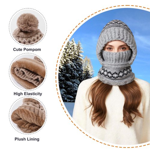 HUAMULAN Women Winter One Piece Beanie Hat Slouchy Fleece Balaclavas Face Shield Mask Neck Scarf Set Warm Earmuff Ski Snow Knit Hats Cold Weather