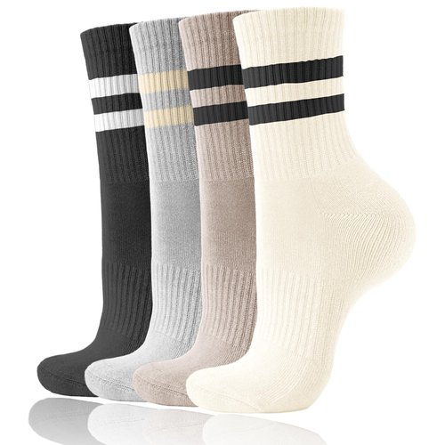 AugRing Women's Striped Cotton Crew Socks Cozy Casual Athletic Quarter Socks for Running & Gym Size 5-11 (US, Numeric, 5, 10, Regular, Regular, 4 Pairs-Light Beige/Grey/Porpoise/Black, Non-Cushioned)