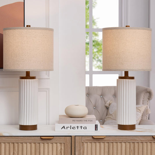 HGNPJC White Ceramic Table Lamp 3 Way Dimmable Nightstand Pottery Lamp Set of 2 with Oatmeal Shade 25" Modern Bedside Desk Lamp with USB A+C for Living Room Bedroom Farmhouse Dining Room Enterway