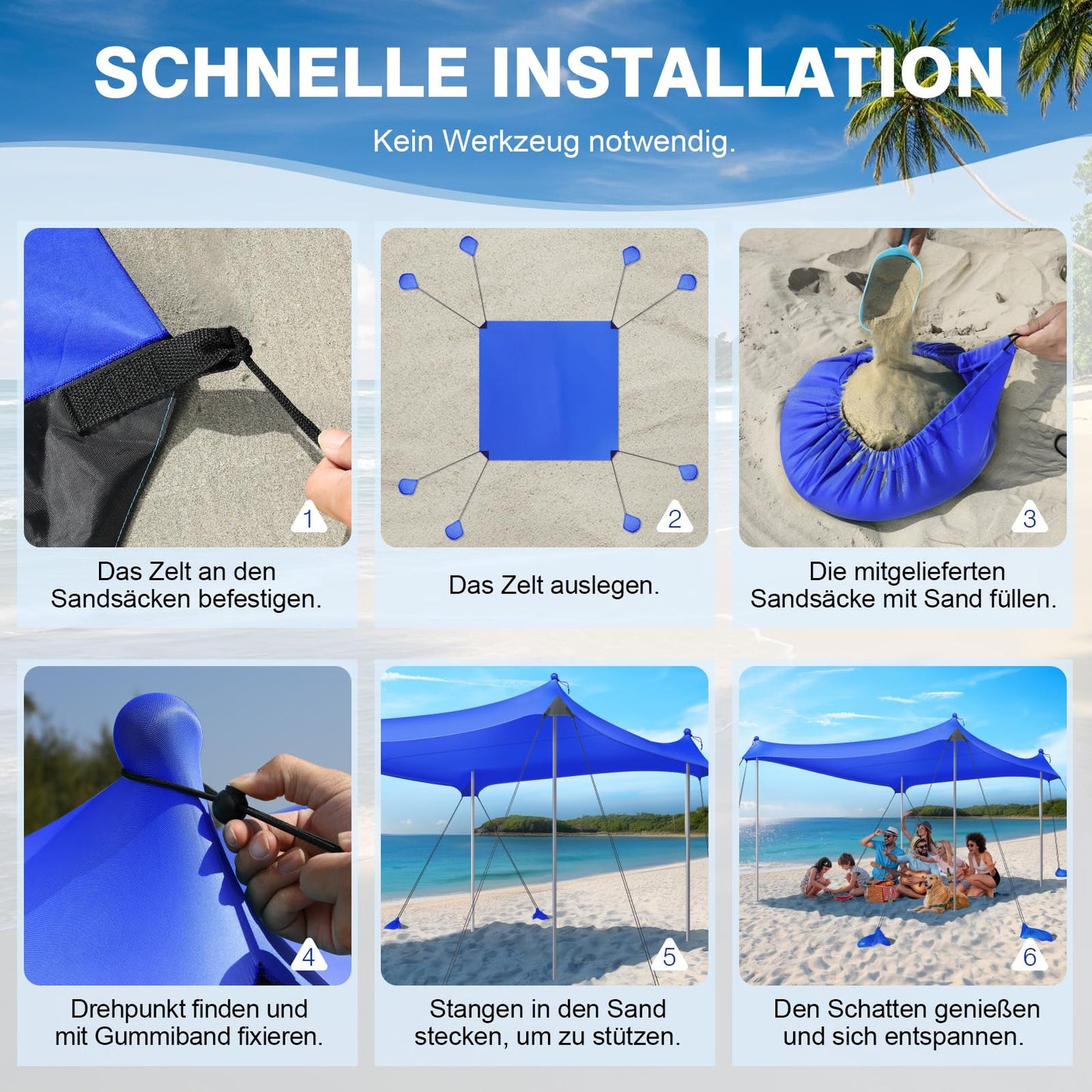 Rhino Valley Beach Tent, 10 x 10 FT Beach Shade UPF50+ Protection, Beach Canopy with 8 Sandbags 4 Stability Poles, Outdoor Beach Tent Sun Shelter Umbrella for Sand,Camping,Fishing Essentials,Dark Blue