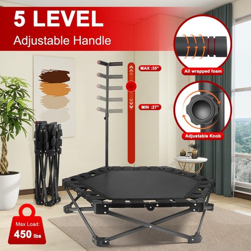Foldable Mini Trampoline - 42" Rebounder for Adults & Kids | One-Step Fold, 450lbs Max Load, Adjustable T-Bar