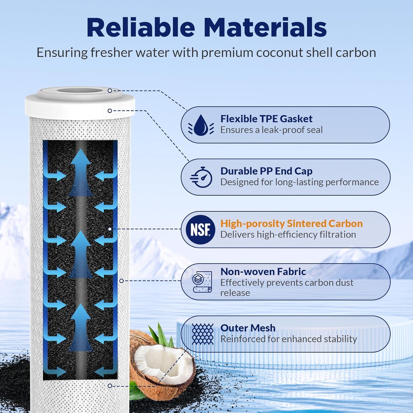 5 Micron CTO Carbon Block Water Filter Cartridge Replacement - 2.5" x 10" for Whole House Systems, 6-Pack