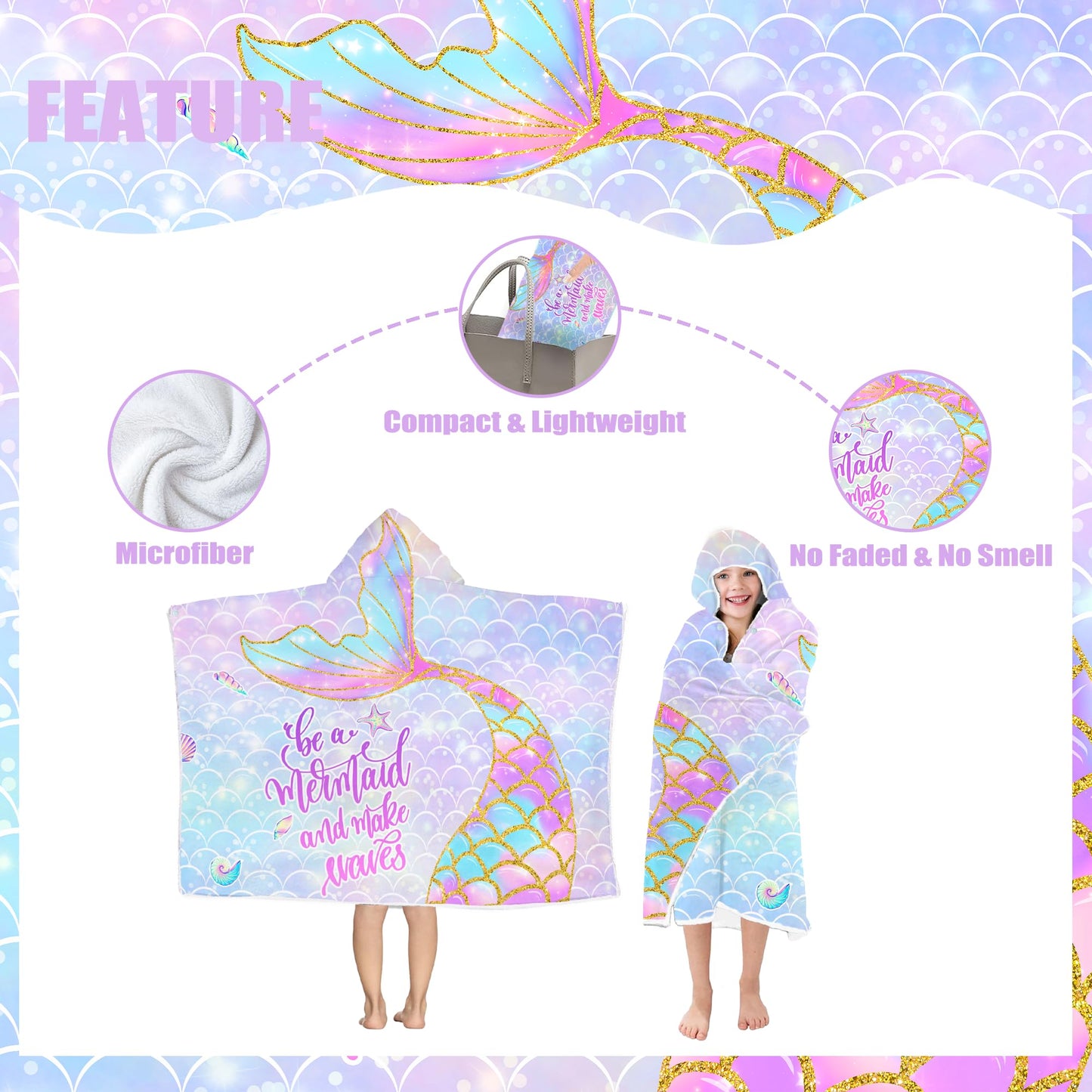 Mermaid Hooded Beach Towel for Girls - Kids Poncho Towel With Tail, Soft Absorbent Bath Towel With Hood, Pink Scales, 30"x50" - Bathrobe for Swim Pool Bath