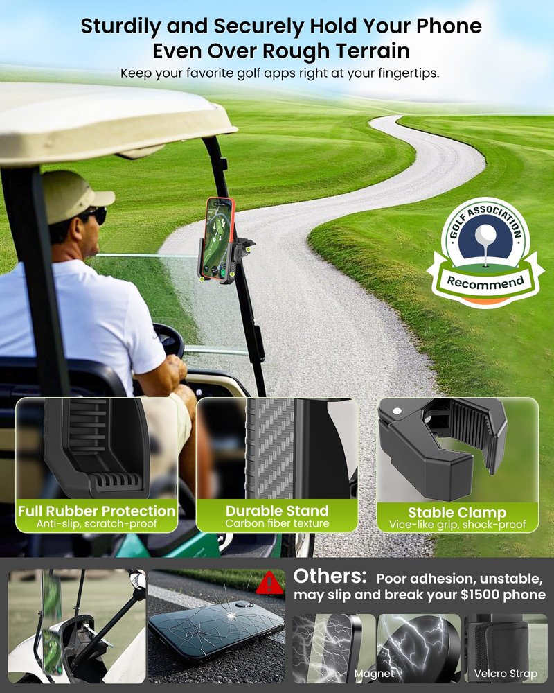 Smerkod Golf Cart Phone Holder Mount - 3s Phone Clip Install, 1s Lock & Release，Phone Caddy for iPhone Galaxy & More Fits Yamaha Club Car EZGO Icon, Golf Cart Accessories Essentials Gift for Men Women