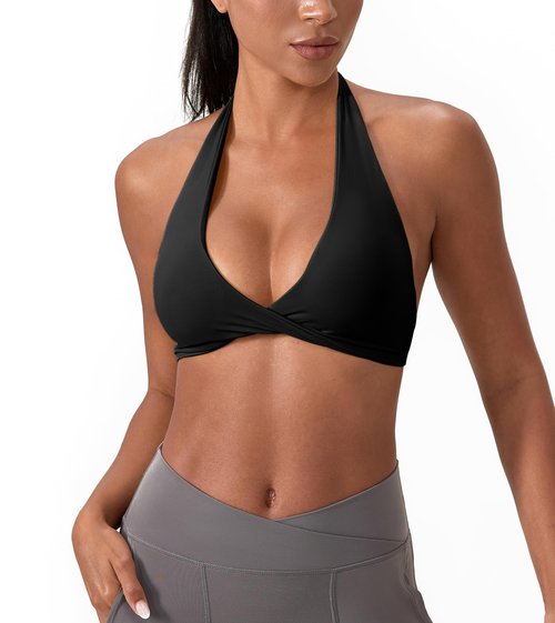 Sports Bra for Women Seamless Halter Padded Yoga Bras Open Back Gym Low Impact Workout Crop Tank Top Black