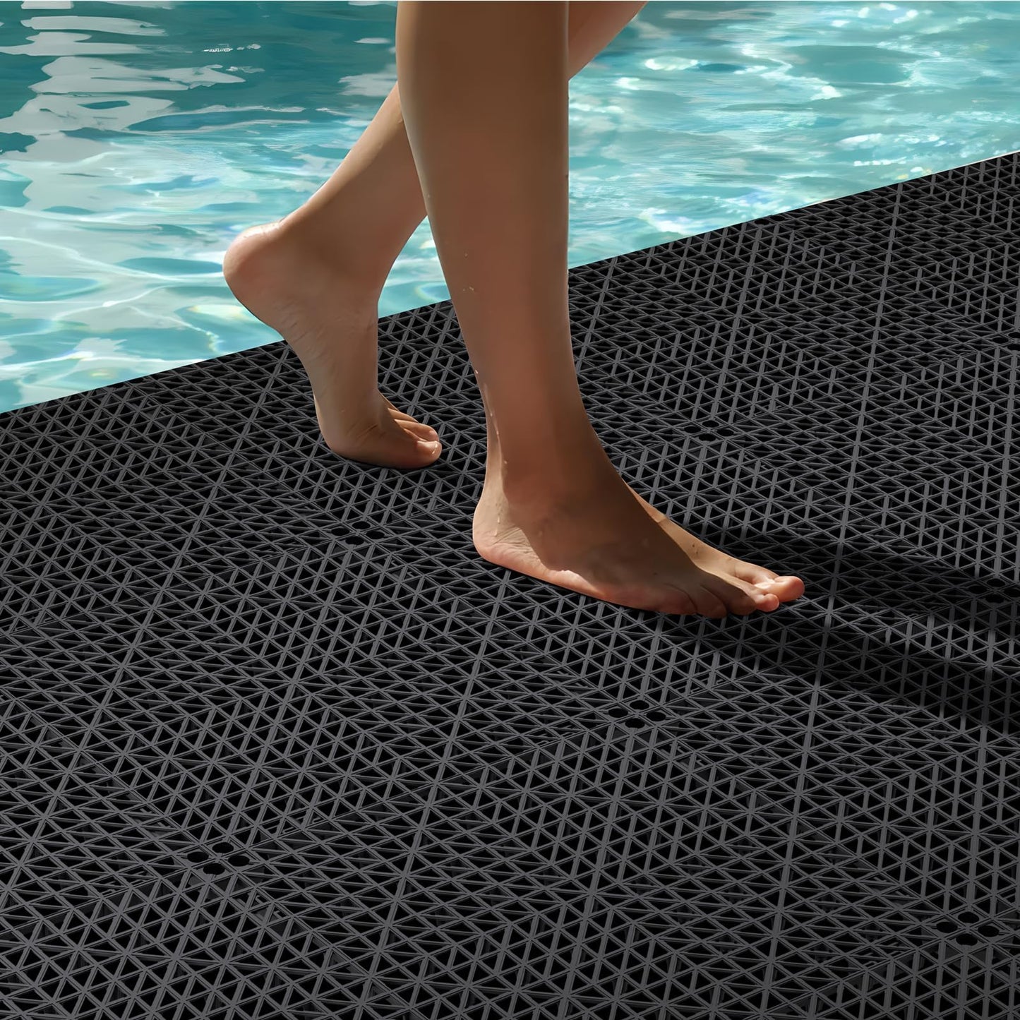 48 PCS Modular Interlocking Cushion, 12" x 12" Interlocking Rubber Floor Tiles with Hole Rubber Mats Drainage Mat, Non Slip Pool Deck Mat Outdoor for Drain Deck Pool Patio (Black)