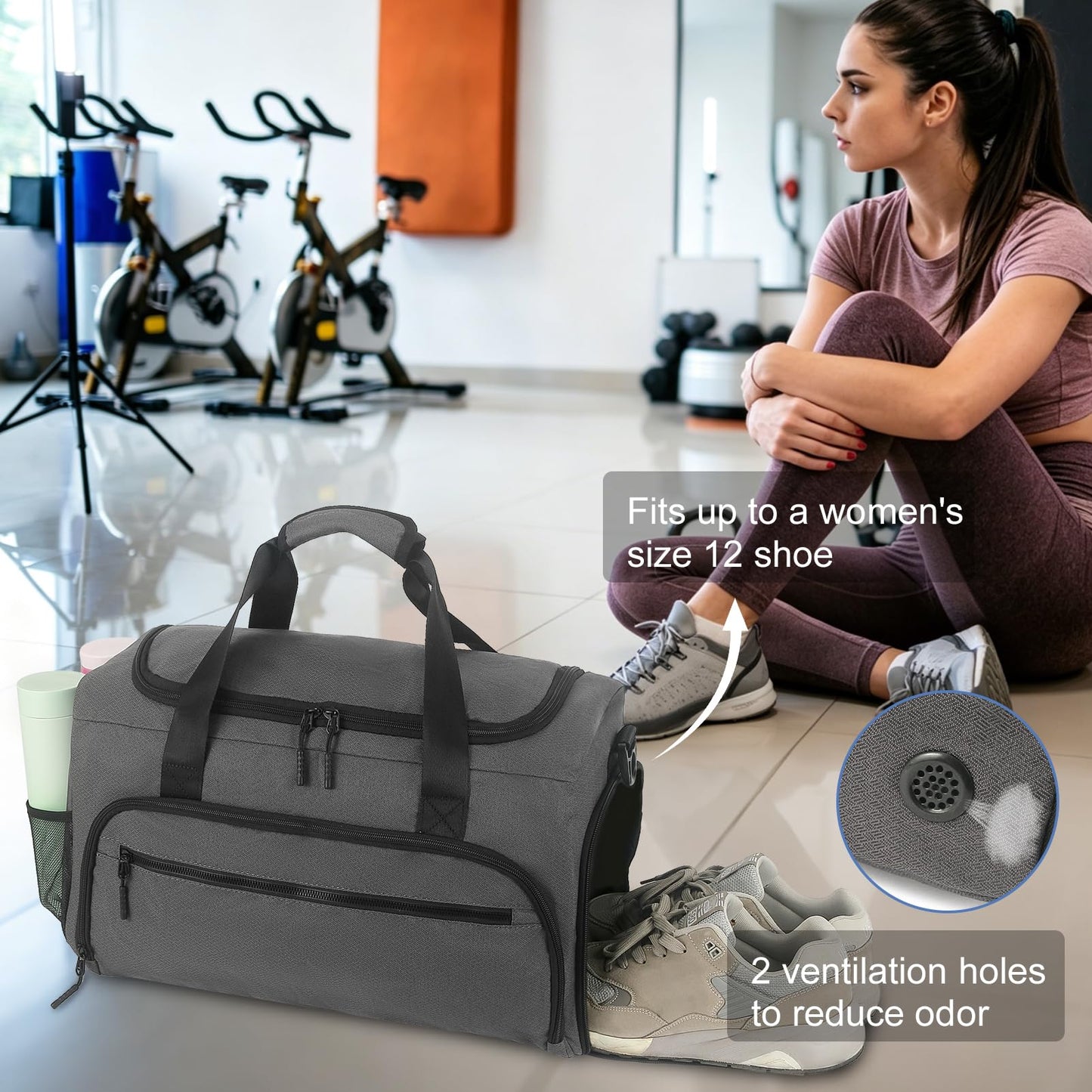 Gym Bag for Men Women, Sports Duffle Bag with Wet Pocket & Shoes Compartment, Water Resistant Overnight Weekender Bag Duffel Bag - Grey