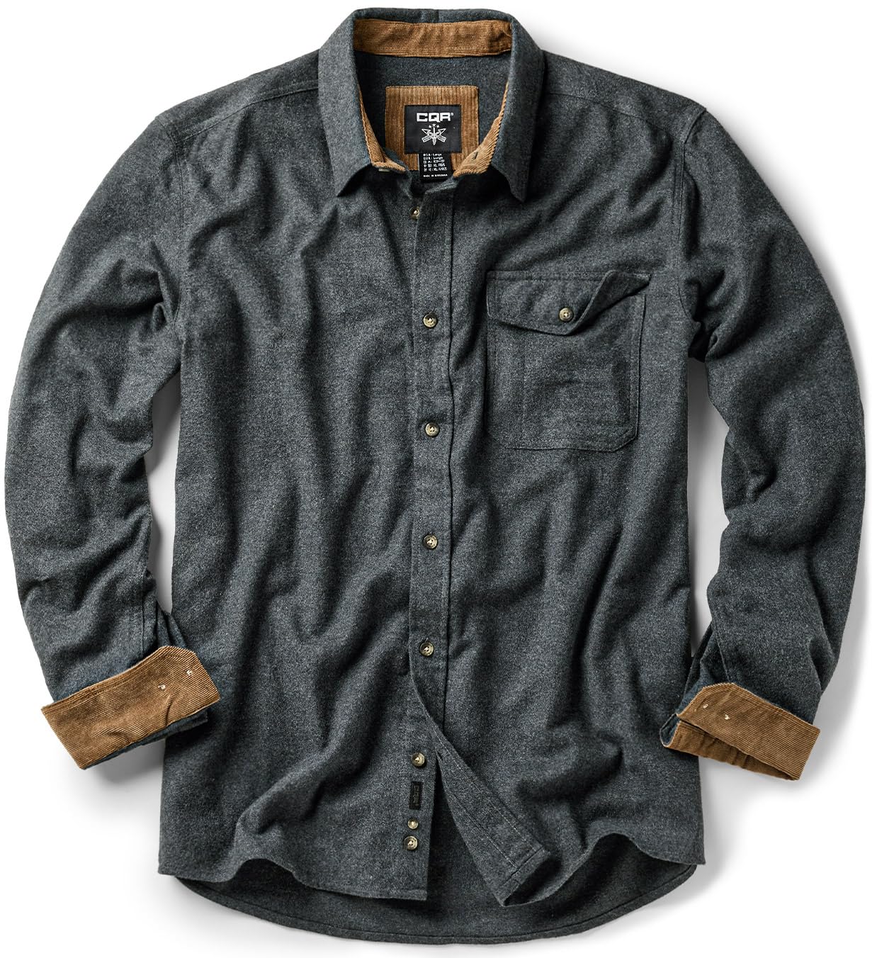 CQR Men's 100% All Cotton Button Down Flannel Shirts, Long Sleeve Brushed Warm Soft Casual Outdoor Plaid Shirt, Corduroy Grey, Small