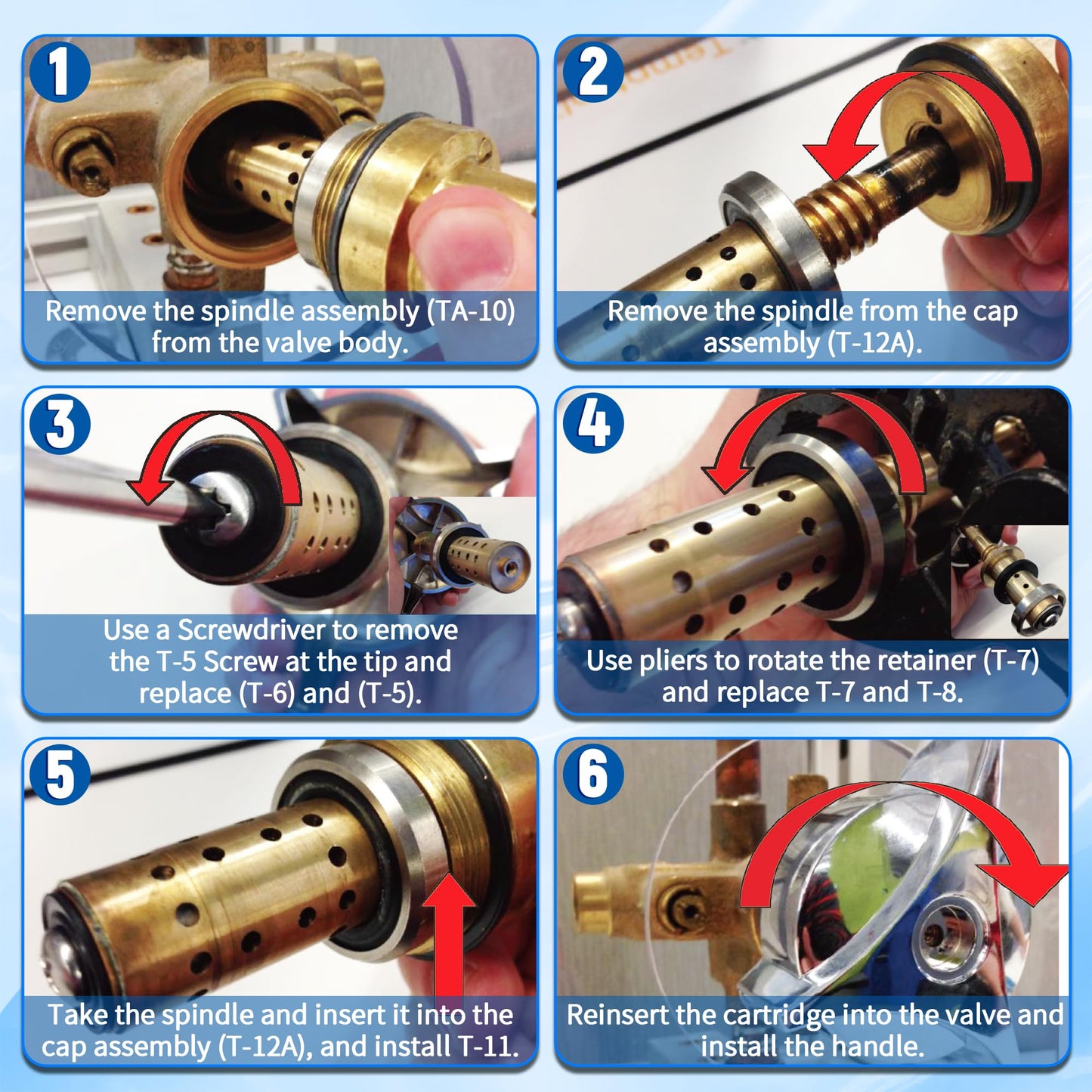 Enhon 2 Pack Washer Repair Kit Replacement for TA-9, Compatible with Symmons Temptrol Valve TA-10 Spindle Assembly, T-8 Cold Washer, T-7 Retainer, T-6 Hot Washer, T-5 Screw and T-11 Cap Gasket