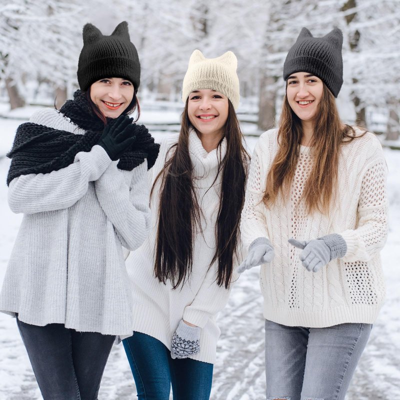 Silicherry 3 Pack Winter Cat Ear Knit Beanie Hats for Women, Soft Warm Slouchy Beanies, Stretchy Cuffed Caps for Adults(Black,Grey,White)
