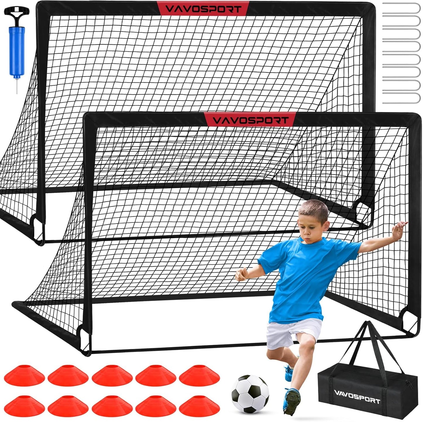 VAVOSPORT Soccer Goal Set - 2 Portable 6'x4' Kids Goals for Backyard Training | Includes Net, Ball & Cones