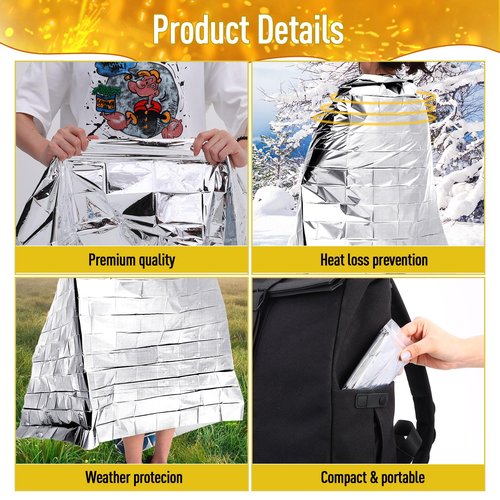 Kanayu 100 Pack Emergency Foil Thermal Blankets for Survival 82 x 63 Foil Space Blanket Kit for Outdoors Camping Hiking Homeless Survival or First Aid, 50 Pcs Golden 50 Pcs Silver