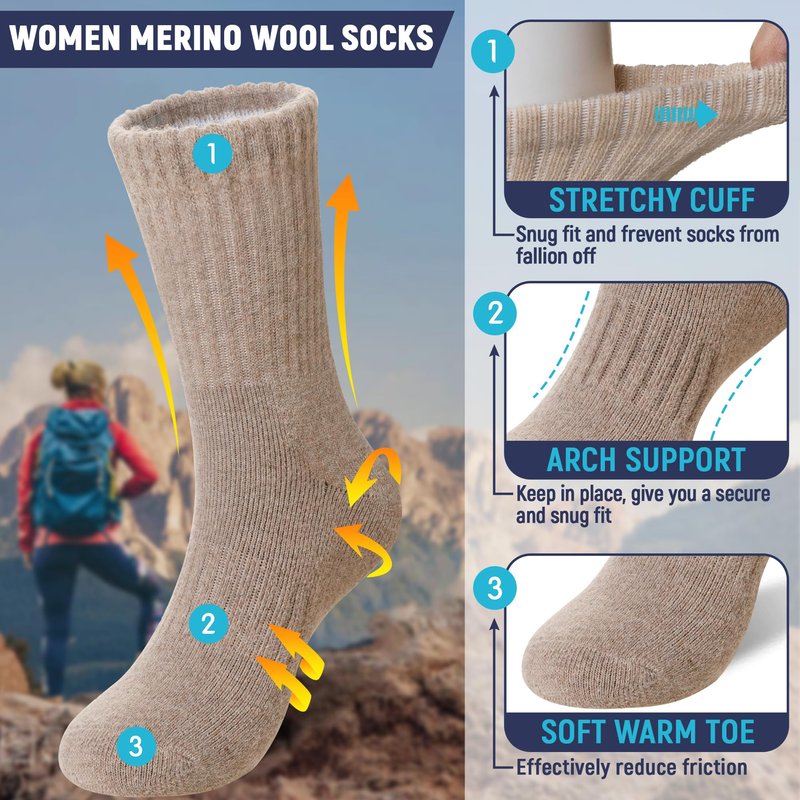 DoSmart Womens Merino Wool Hiking Socks Thermal Warm Walking Boot Winter Crew Cushion Work Socks 5 Pairs(Black/Light Grey/Beige/Khaki/Grey)