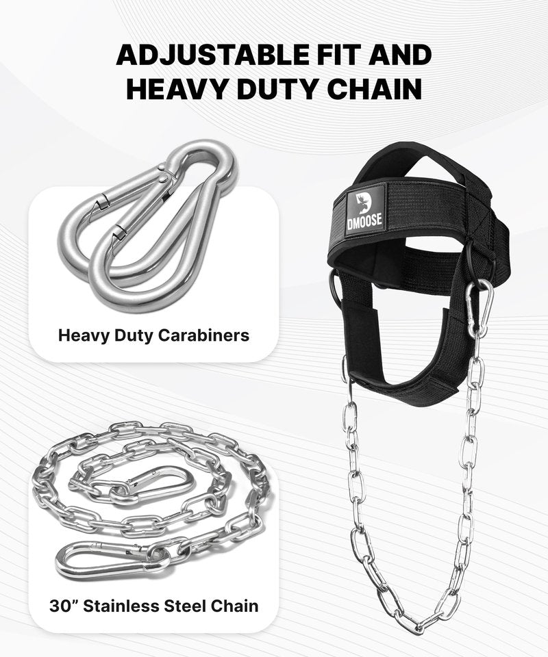 DMoose Fitness Neck Harness for Weight Lifting - Soft Padded Head & Chin Strap with 30" Heavy Duty Steel Chain - Neck Exerciser, Trainer & Strengthener to Support Injury Recovery (Black)