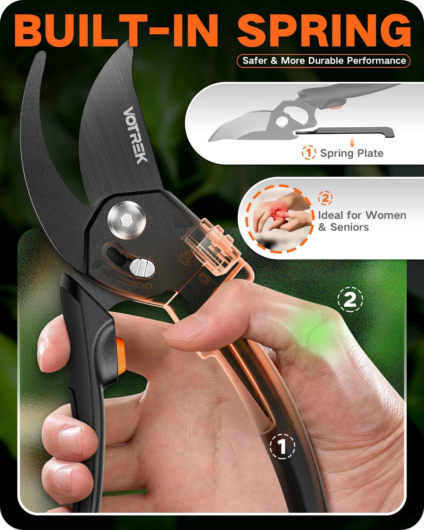 VOTREK 8.5" Pruning Shears for Gardening, 【Unique Stepless Handle Opening】Professional Bypass Garden Clipper for All Hands, SK5 Steel Blades, Heavy Duty Ergonomic Plant Pruners for Branch