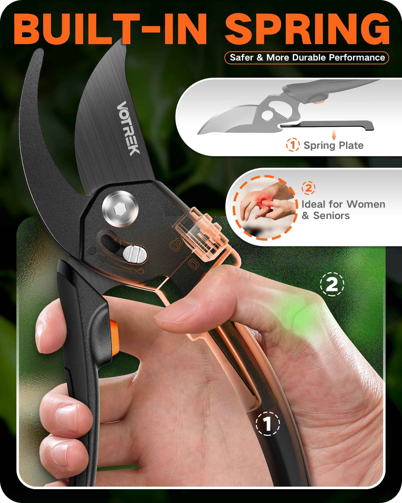 VOTREK 8.5" Pruning Shears for Gardening, 【Unique Stepless Handle Opening】Professional Bypass Garden Clipper for All Hands, SK5 Steel Blades, Heavy Duty Ergonomic Plant Pruners for Branch