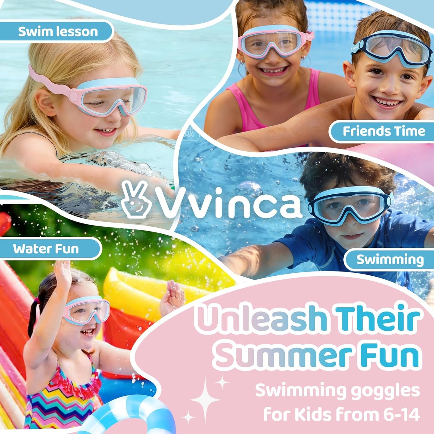 Vvinca Kids Swim Goggles - Soft Wave-Shape Strap for Comfort | Anti-Fog, Leak-Free, 2 Pack (Ages 3-15)