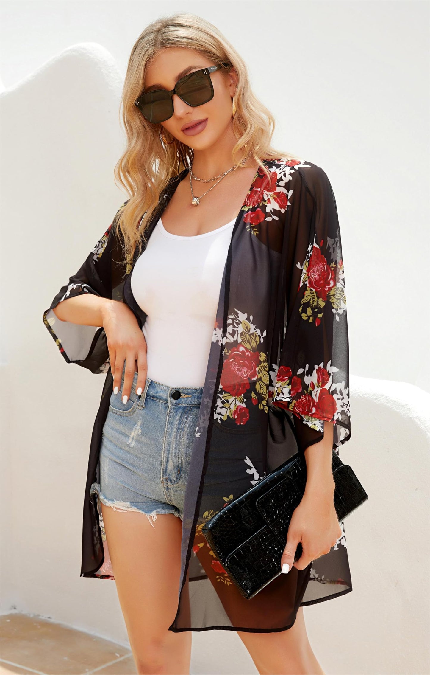 Women's Floral Print Short Sleeve Shawl Chiffon Kimono Cardigan Casual Blouse Tops(Black S)