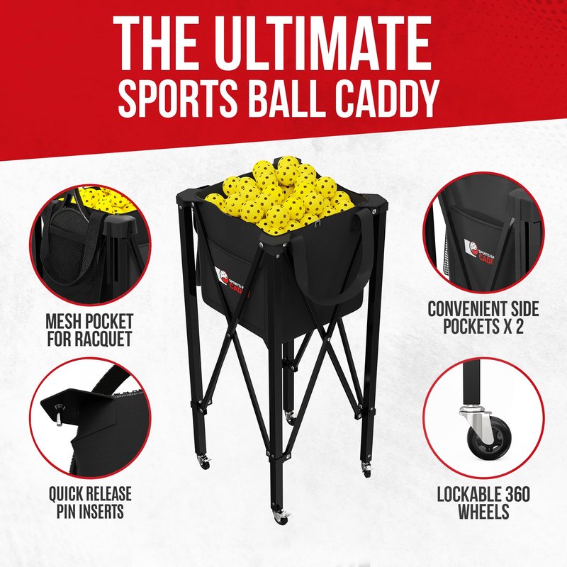 [2-in-1 Set] Tennis & Pickleball Hopper with Pickup Tube – Pickleball Caddy with Collapsible Metal Frame Ball Basket and Wheels & Carry Case – 120 Tennis Balls or 100 Pickleball Ball Holder (Pin)