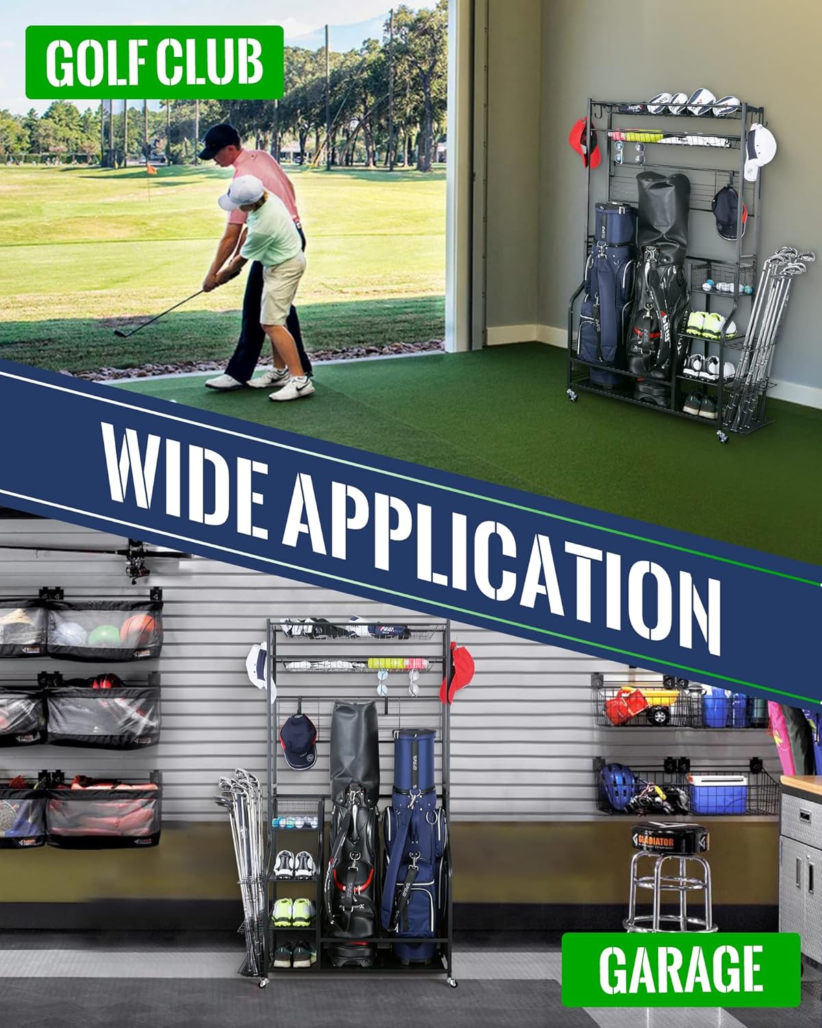 Mythinglogic Golf Bag Storage Organizer - 2-Bag Stand with 4 Removable Hooks for Golf Equipment