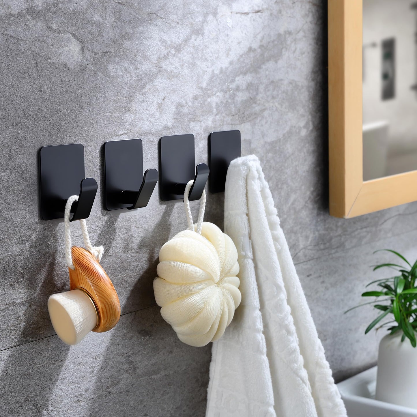 Taozun Towel Hooks Bathroom/Adhesive Towel Hooks - 4 Pack Black Hooks for Towels, Wall Hooks for Bath and Kitchen, Stainless Steel