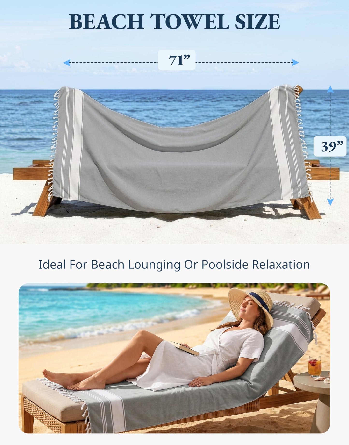 LANE LINEN Cute Beach Towel, Oversized, 39"x71", Super Absorbent - Alloy