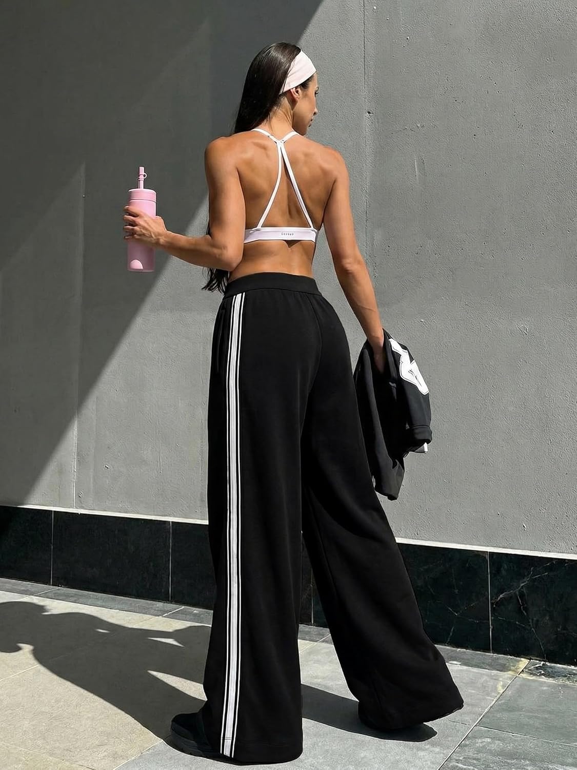 BISUAL Women's Wide Leg Track Pants - High Waisted Cotton Stretch Sweatpants with Contrast Stripes
