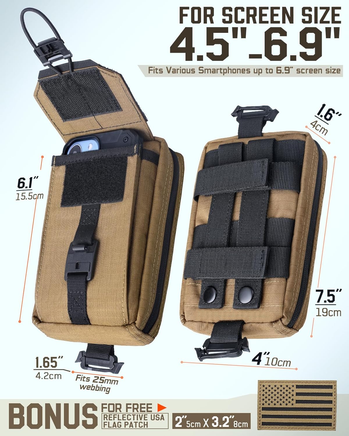 RXW Tactical Utility Phone Pouch - MOLLE EDC Tool Holster for Vests & Duty Belts | Fits 4.5"-6.9" Phones