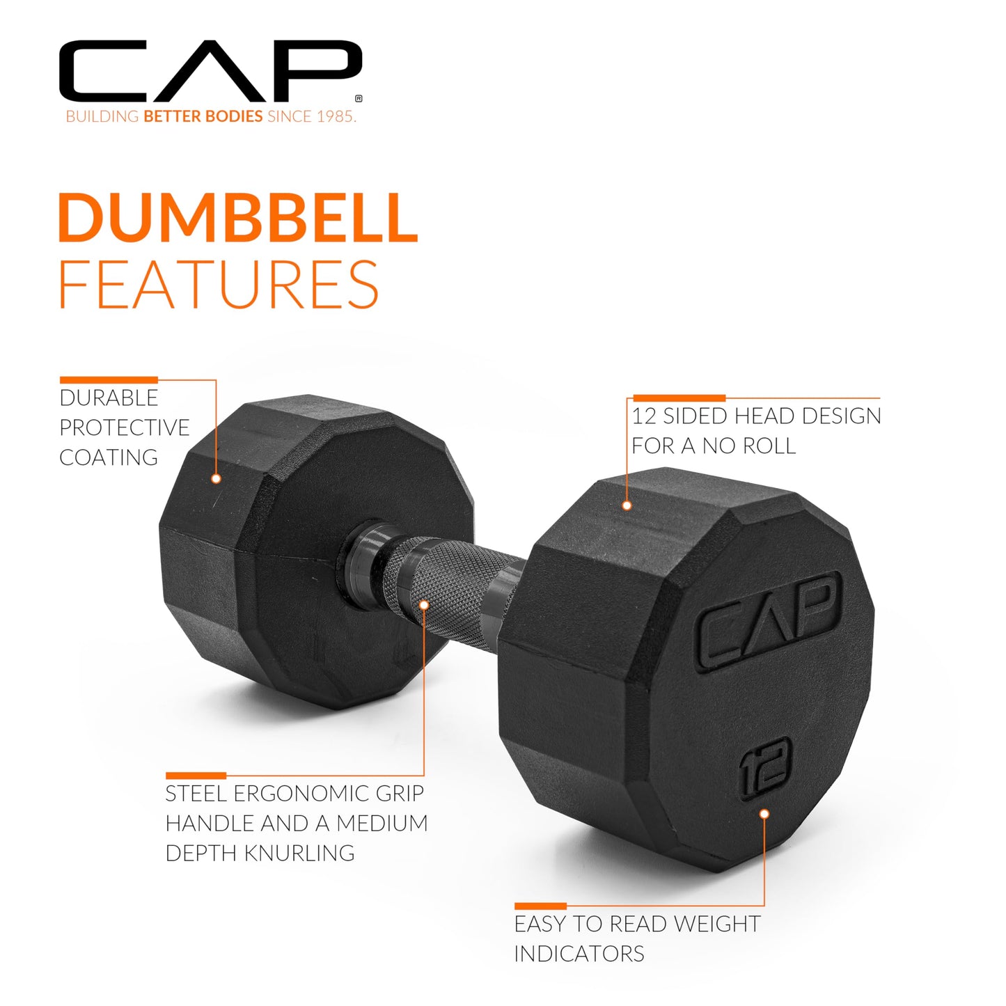 CAP 12 LB 12-Sided Rubber Coated Dumbbell Weight, Rubber Free Weights for Home Gym Strength Training, Black Oxide Handle, Single