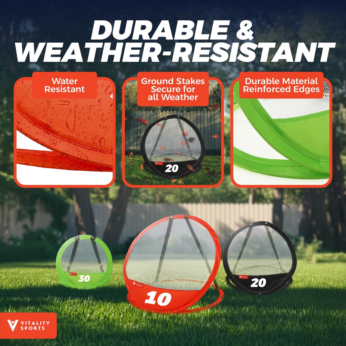 Vitality Sports Golf Chipping Net, 3PCS Pop-Up Golf Practice Net for Backyard, Indoor Outdoor Chipping Game with 3 Targets, 1 Hitting Mat, 20 Balls, Tee Box, Golf Gift for Men