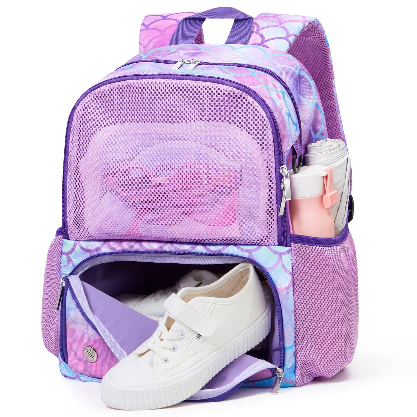 WAWSAM Mermaid Kids Swim Bag for Swimmers - Girls Beach Bag for Swimming with Wet Dry Compartments, Gym Sports Backpack with Shoes Compartment, Pool Bags Gym and Workout Gear