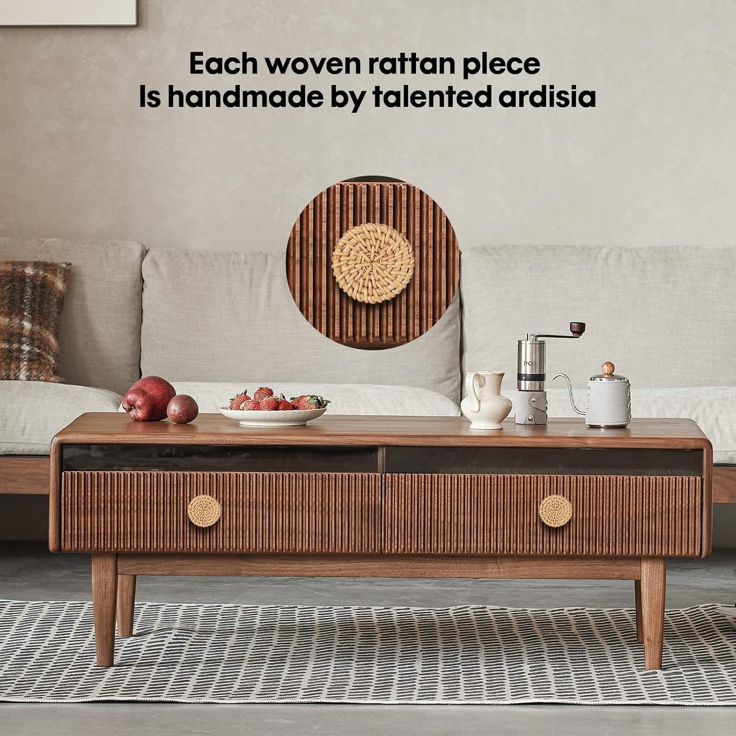 Wcatea 6 Pack Boho Dresser Knobs and Screws Diameter 1.6in Made of a Combination Durable Beech Wood and Hand Woven Rattan Pieces