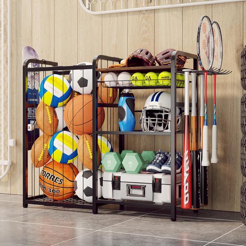 Homsorout Sports Equipment Organizer - Large Capacity Ball Storage with Hooks & Baskets