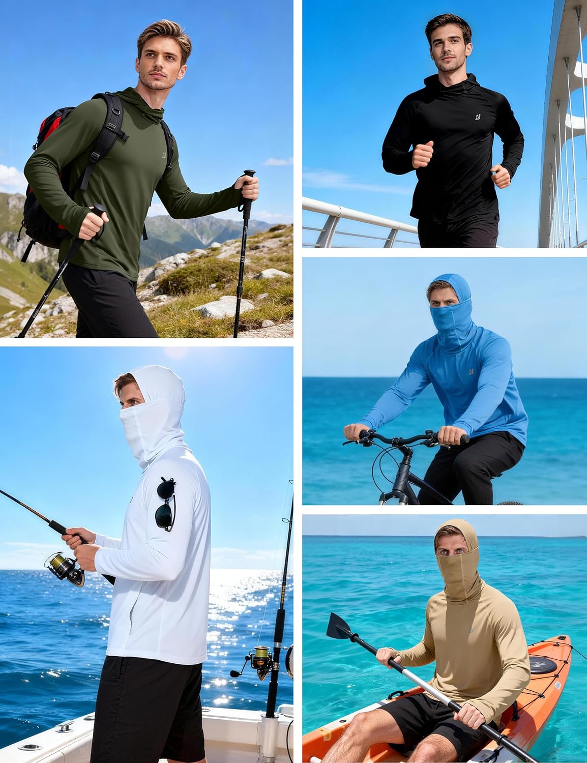 Roadbox Men's UPF 50+ Sun Protection Hoodie - Lightweight Long Sleeve Fishing Shirt with Mask for Hiking & Running