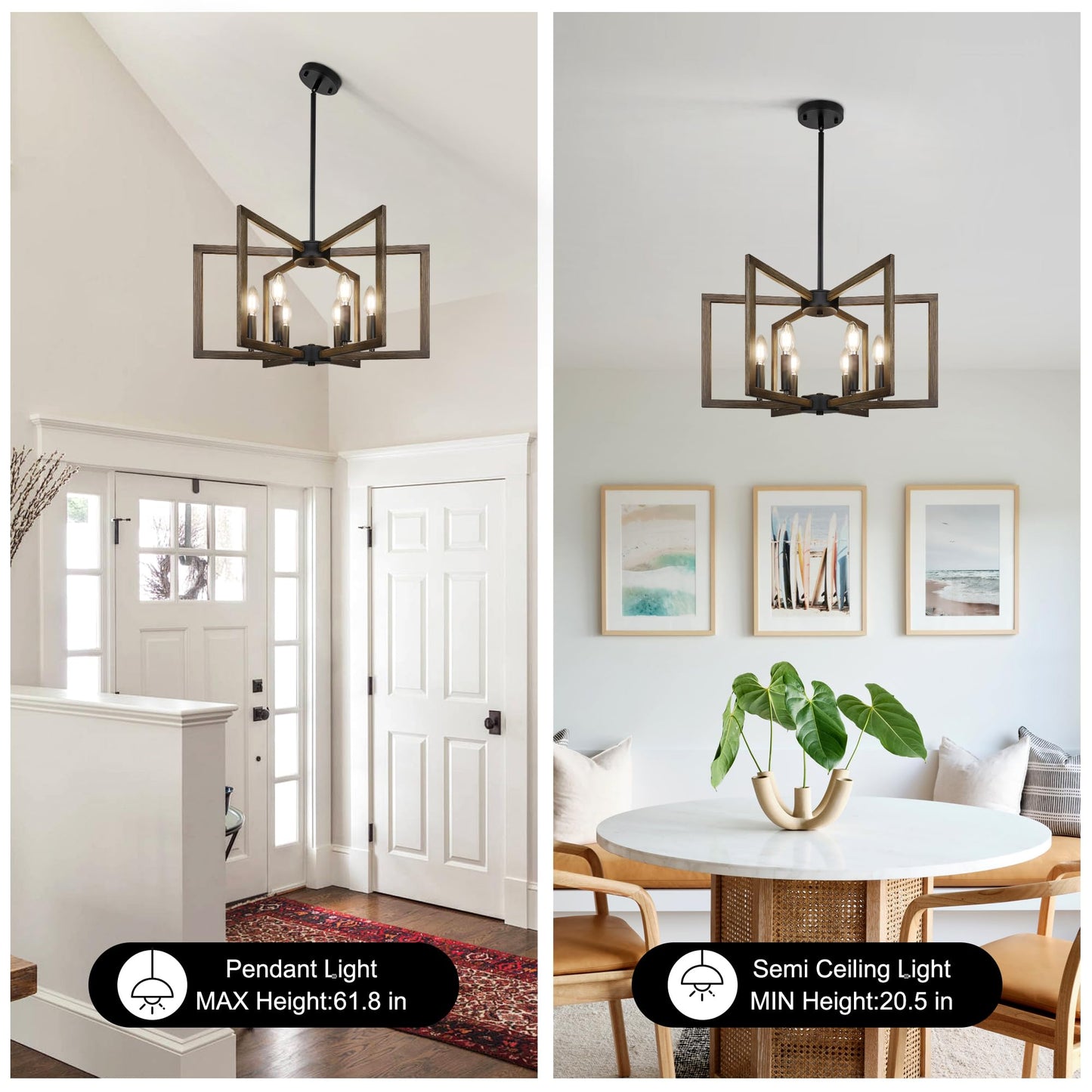 6-Light Kitchen Island Pendant Lights，Modern Farmhouse Kitchen Ideas Light Fixture，Industrial Hanging Chandelier for Dining Room，Wood Grain Finish and Black Chandelier for Foyer