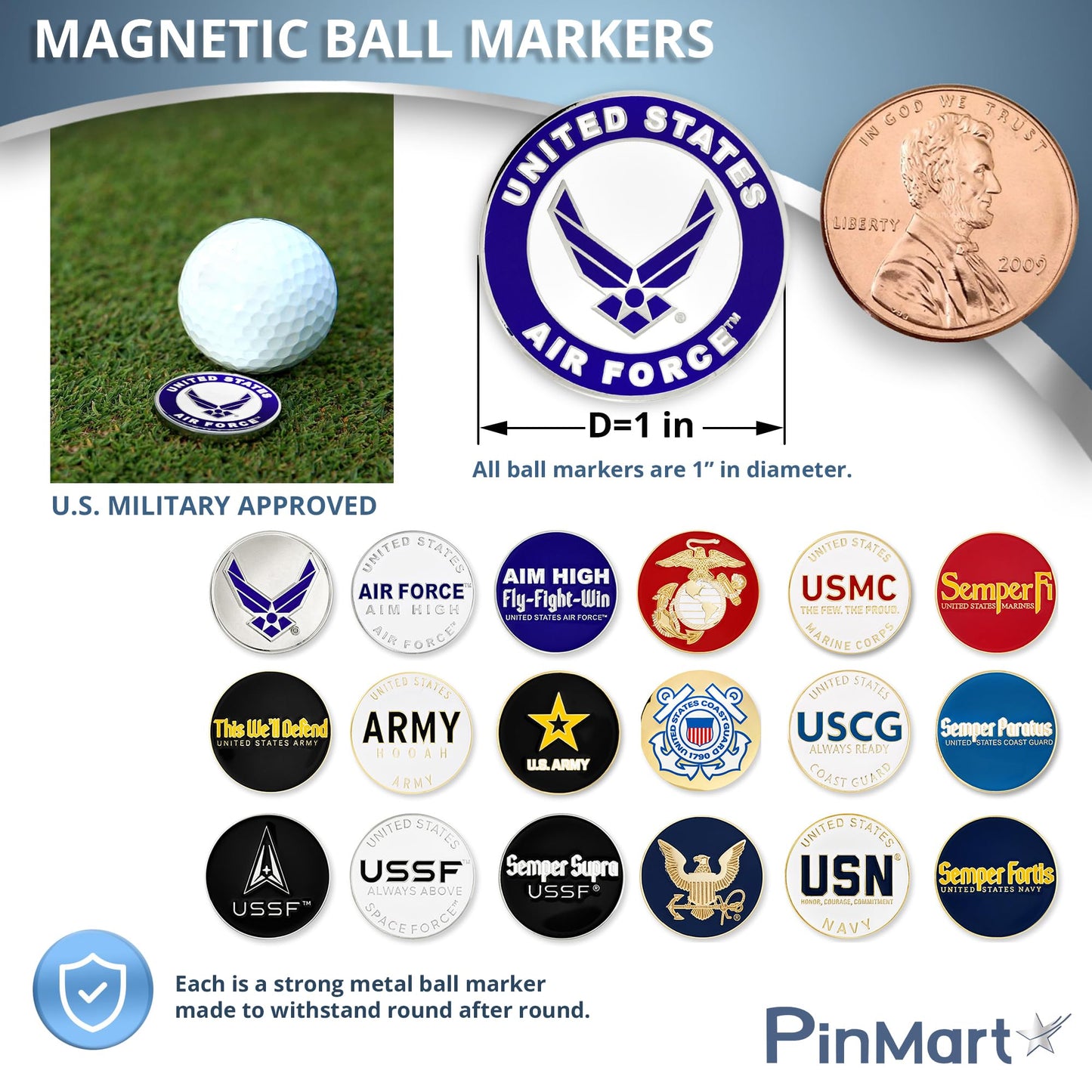 PinMart Officially Licensed United States Marine Corps Pack of 3 Magnetic Golf Ball Markers and Hat Clip - Golf Accessories for Men and Women - Ball Markers and Hat Clip with Magnet for Golf Hats