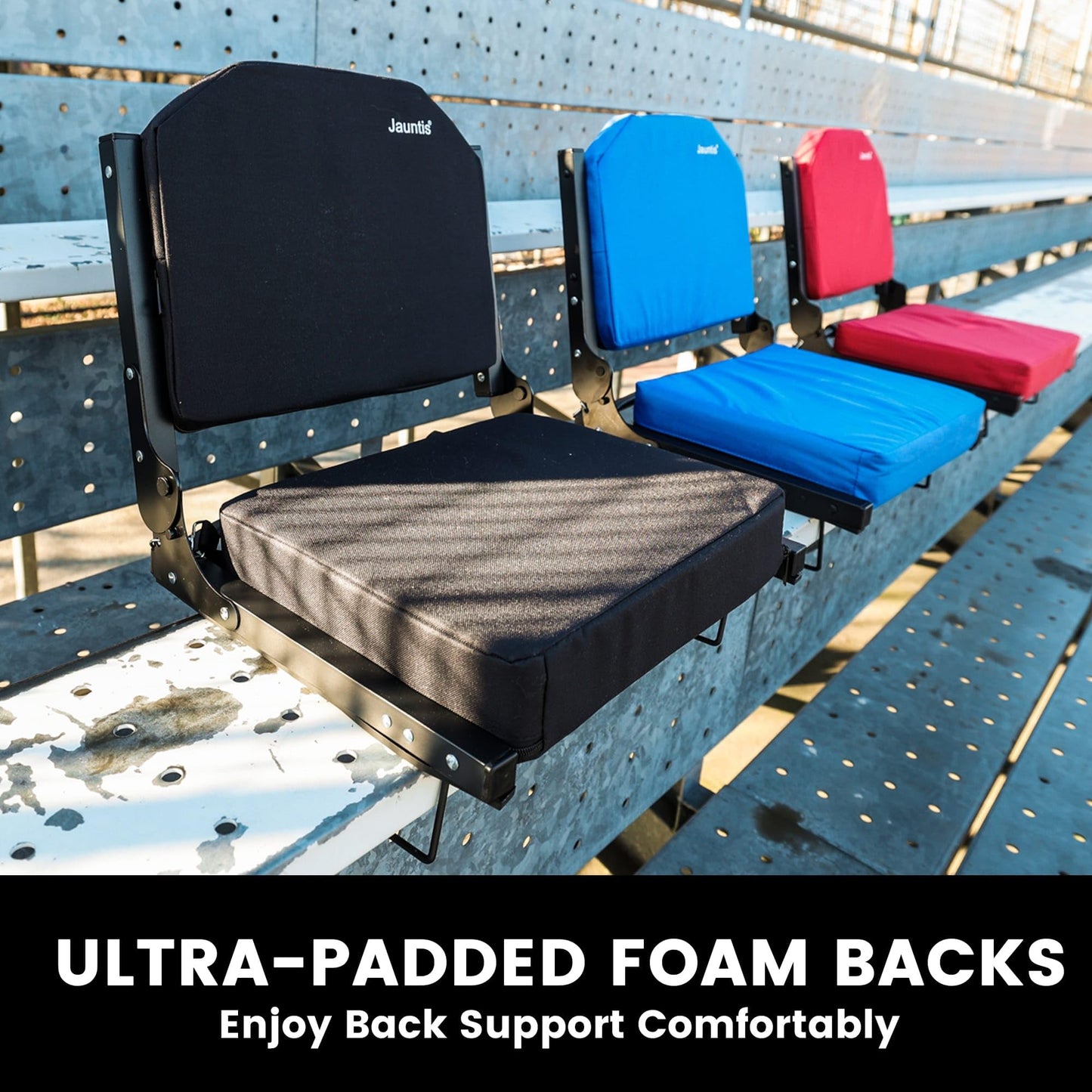 Jauntis Stadium Seats for Bleachers, Bleacher Seats with Ultra Padded Comfy Foam Backs and Cushion, Wide Portable Stadium Chairs with Back Support and Shoulder Strap, 1 Pack, Blue