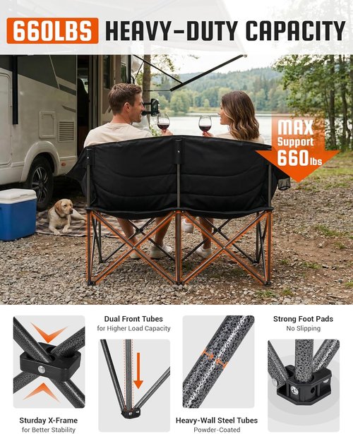 KingCamp Double Camping Chair - Oversized Heavy Duty 660lbs Loveseat for Adults | Portable Folding XL Couch with Cup Holder - Black