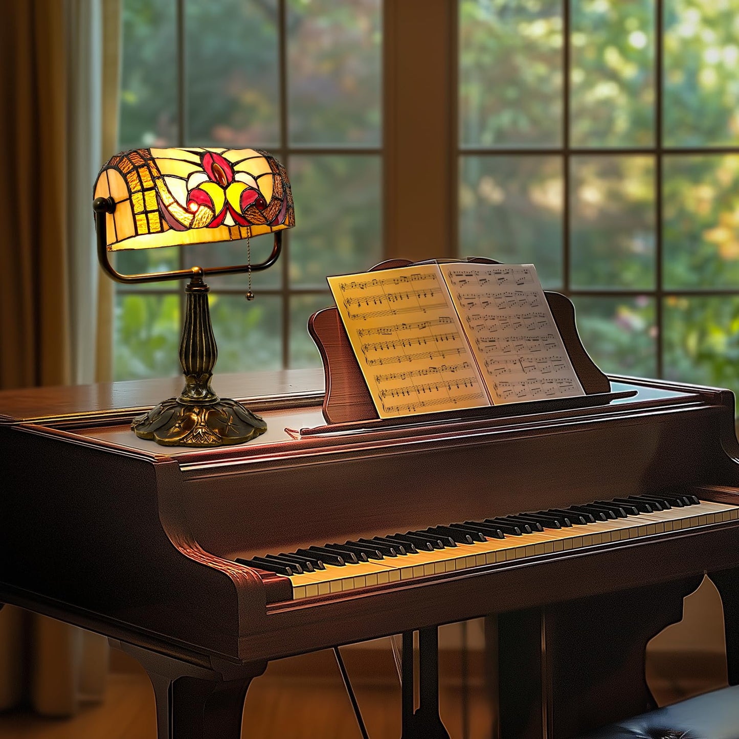 Tiffany Style Bankers Lamp - Stained Glass Desk Lamps with Baroque Design & Pull Chain, Vintage Table Lamp Bankers Desk Light for Office Bedroom Nightstand Living Room LED Bulb Included