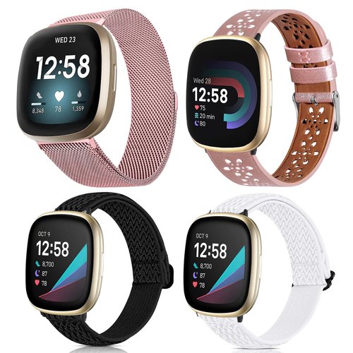 Attbbon 4 Pack Compatible with Fit bit Versa 4/Fit bit Sense 2 for Men Women, Adjustable Stainless Steel Metal+Classic Leather+Stretchy Nylon Band for Versa 3/Sense Watch